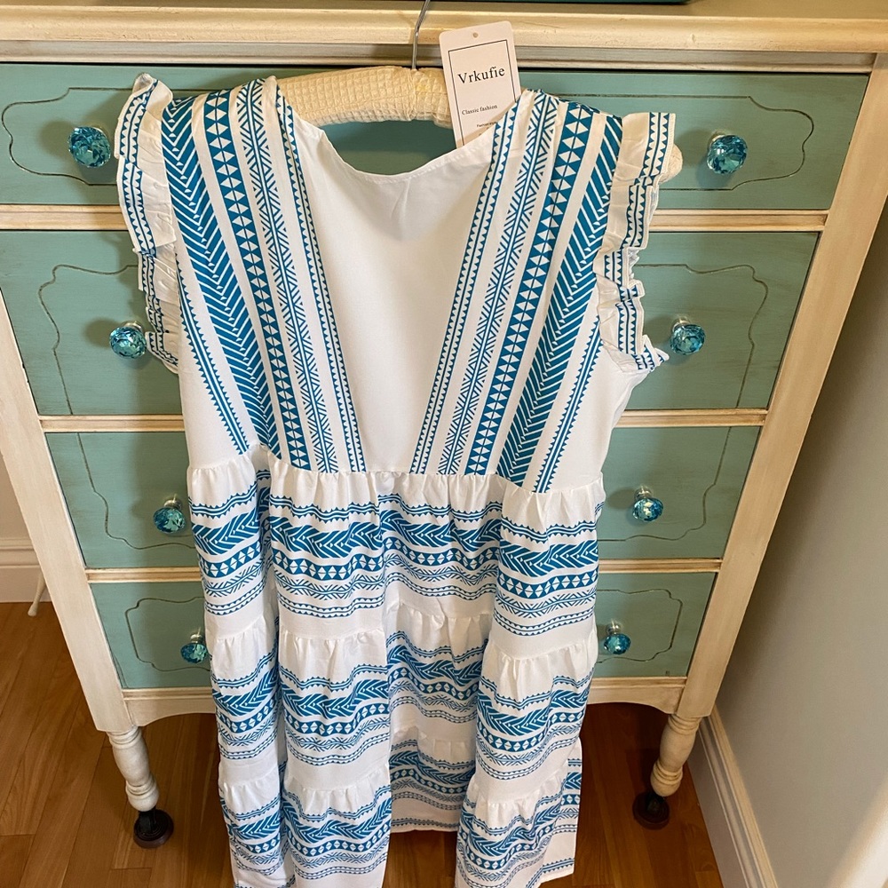 Blue & White V-Neck Midi Dress - Sleeveless Summer Dress - Picture 3 of 4